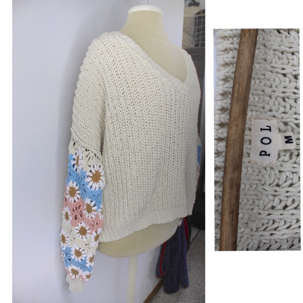 POL EUC Beige Chenille Oversized Granny Square Crochet Sleeves Sweater Medium - Picture 3 of 13